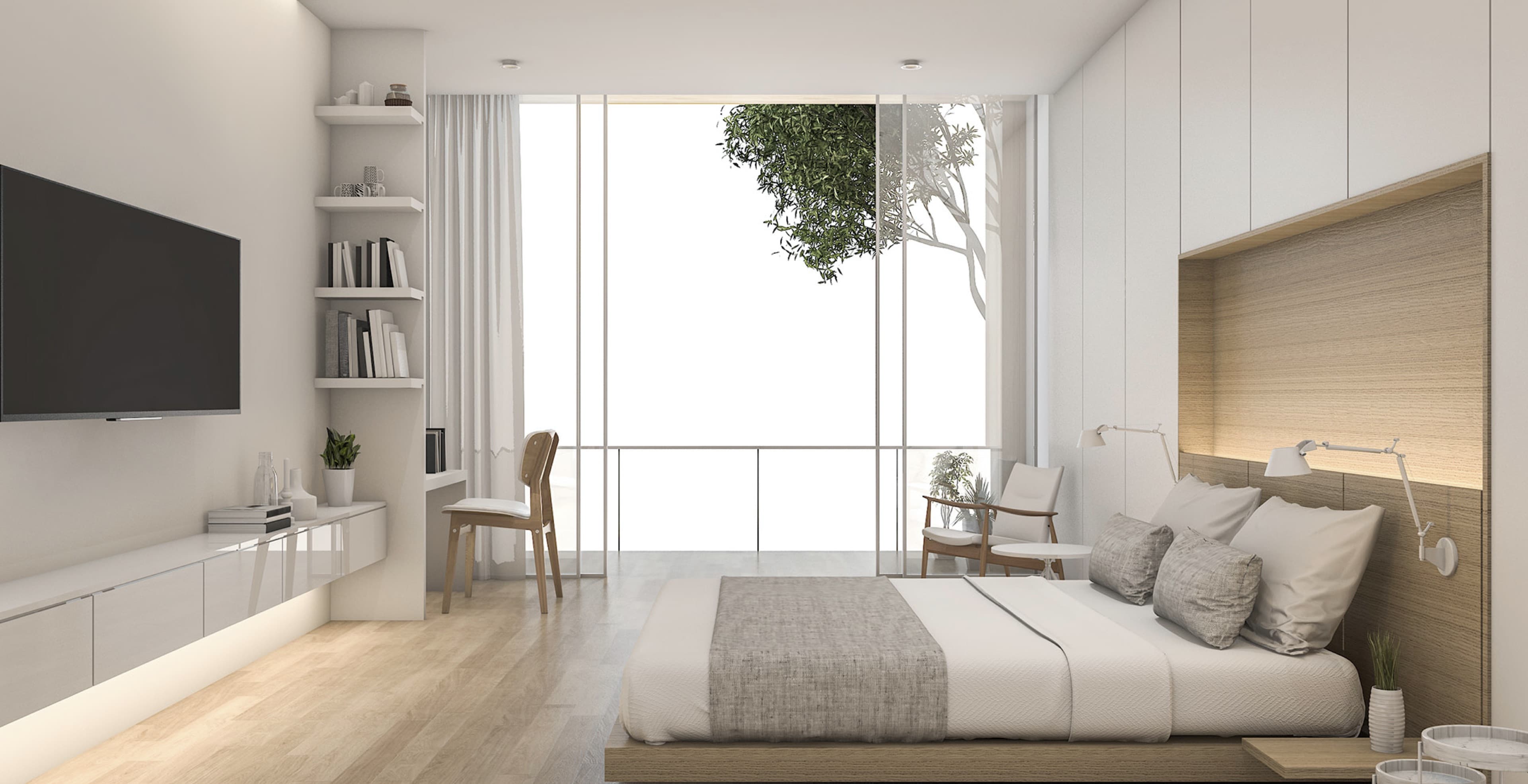 Motorized drapery track in a modern bedroom