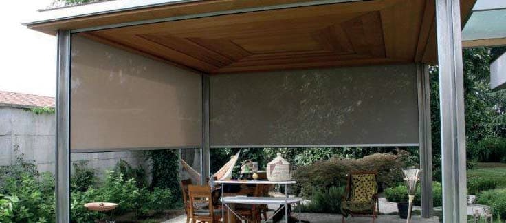 Zip system exterior shades on a covered patio pergola